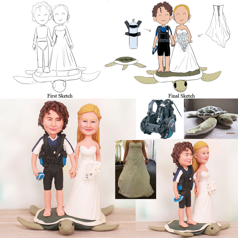 Standing on Turtle Scuba Divers Wedding Cake Toppers
